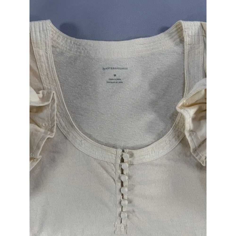 Anthropologie Puff Sleeve Henley Top M Embroidered Boho Cottagecore Ivory